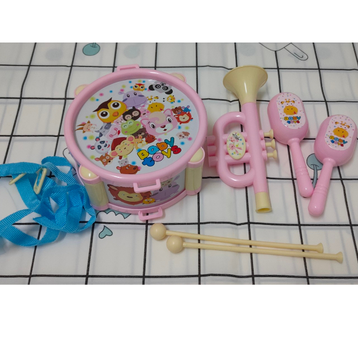 【貓貓賣場】二手玩具出清、粉紅打鼓玩具組、鼓、鼓棒、沙錘、喇叭、打鼓玩具、音樂玩具、聲音玩具