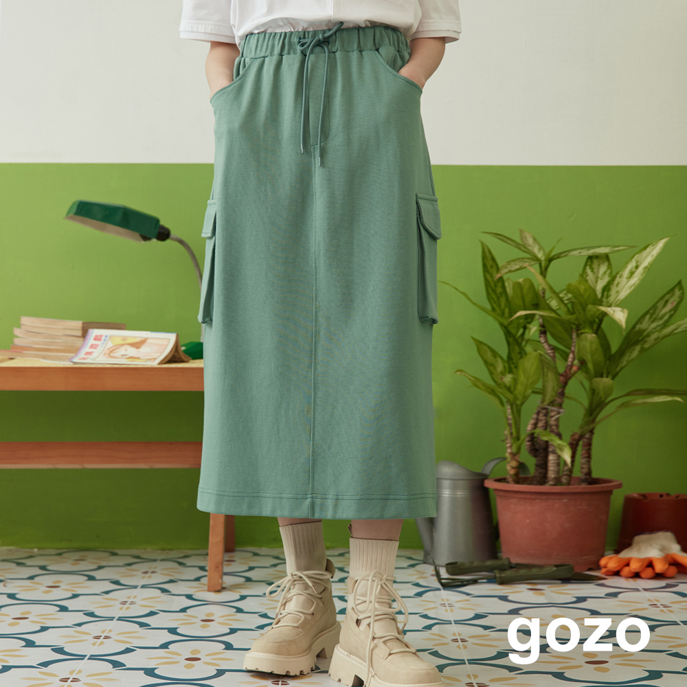 【gozo】休閒大口袋針織鬆緊工裝裙(黑色/綠色_F) | 女裝 顯瘦 百搭