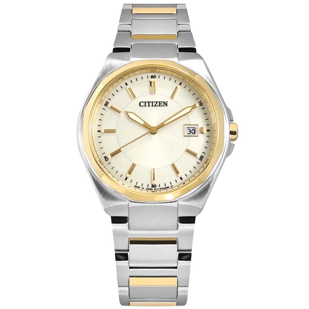 CITIZEN / 光動能 俐落時尚 日期 防水 不鏽鋼手錶 米白色x鍍金 / BM6664-67P / 38mm