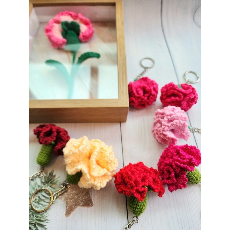 童趣 毛線鉤針鈎針 母親節 康乃馨 花朵 鑰匙圈 盆栽 花束 相框花  編織花 手作成品 現貨