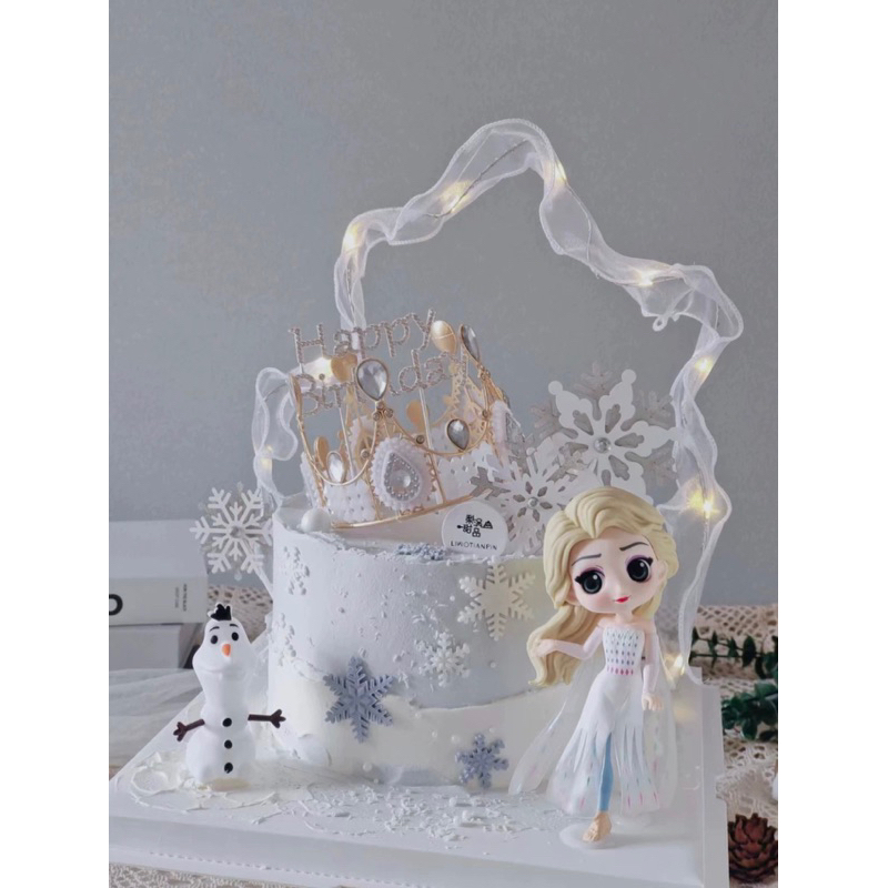 👑艾莎公主雪寶生日蛋糕裝飾組合 DIY彩帶發亮燈 冰雪奇緣🎂