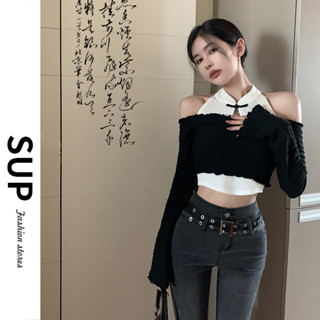 【SUPYY】黑色一字肩 假兩件 女生衣著 洋裝 長袖T恤 女裝 辣妹 露背 褶皺設計感 緊身 顯瘦 短款上衣 露肚子