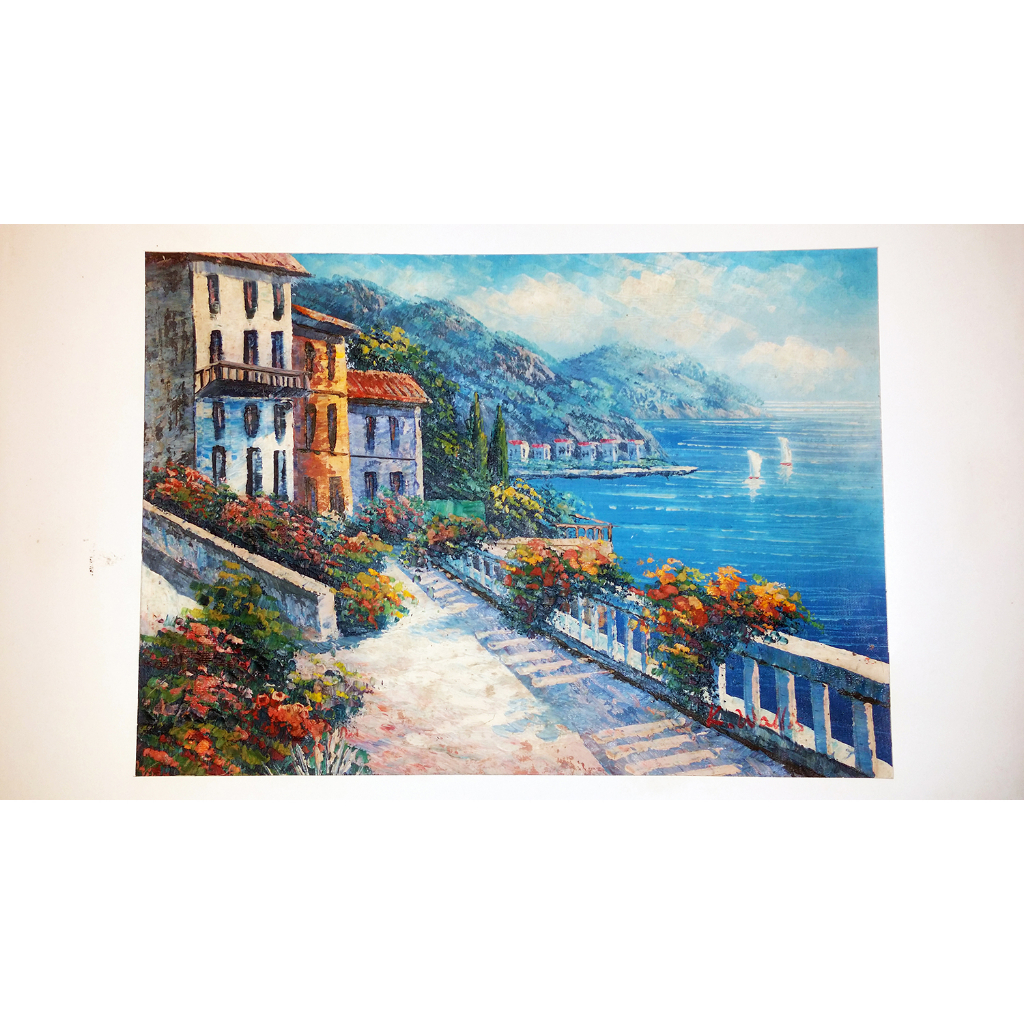 K. Wallis原畫-意大利海岸風光，K. Wallis簽名的原始刀版畫，二十多年前購買，珍貴稀有原畫!