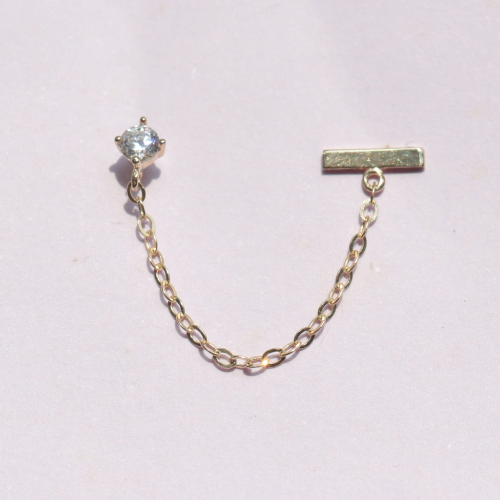 14K 金橫條雙耳洞鎖珠耳環(單個）純K金 轉珠耳環