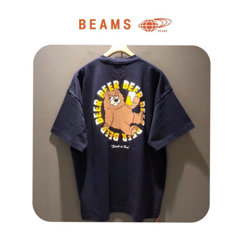 23 BEAMS JAPAN BEER BEAR PRINT T日產 潮流 小熊 紅繩 印花短袖T恤 寬鬆 高磅數