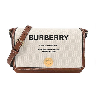 BURBERRY Horseferry 印花帆布及皮革翻蓋斜背包(米白)｜100%原廠真品｜JS Maxx官方旗艦館