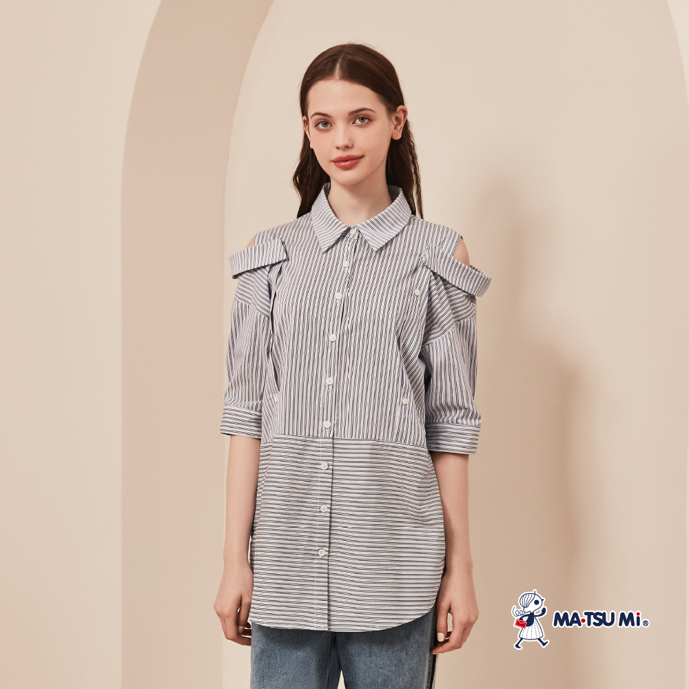 MA‧TSU Mi 時髦寬鬆感條紋五分袖長版襯衫(深藍)