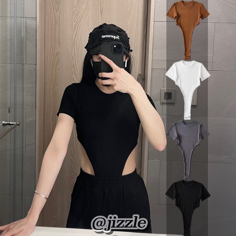 —JIZZLE — 【實拍/實穿】♡ 辣妹高衩超親膚彈力螺紋修身連身衣連身圓領短袖bodysuit