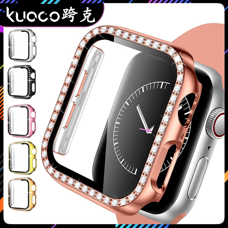 適用於Apple Watch單排鑲鑽電鍍全包殼 iwatch23456789代鋼化玻璃膜保護殼 蘋果手錶SE膜殼一體硬殼
