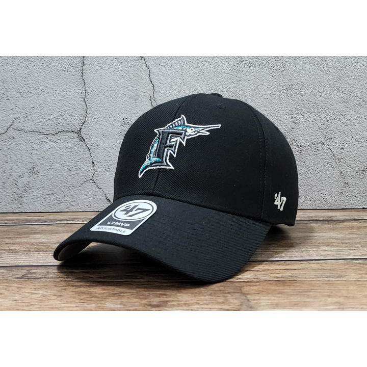 蝦拼殿 47brand  MLB邁阿密馬林魚復古logo款黑色硬板棒球帽魔鬼氈可調式棒球帽