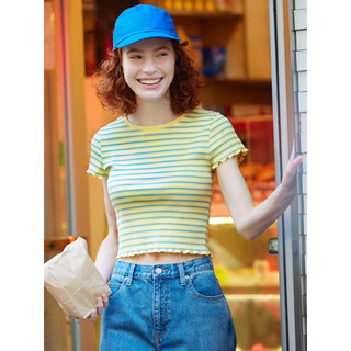 [B👗N 嚴選二手]Uniqlo 羅文 羅紋 條文 條紋 短版上衣 木耳卷 夏日清涼 顯瘦 黃色