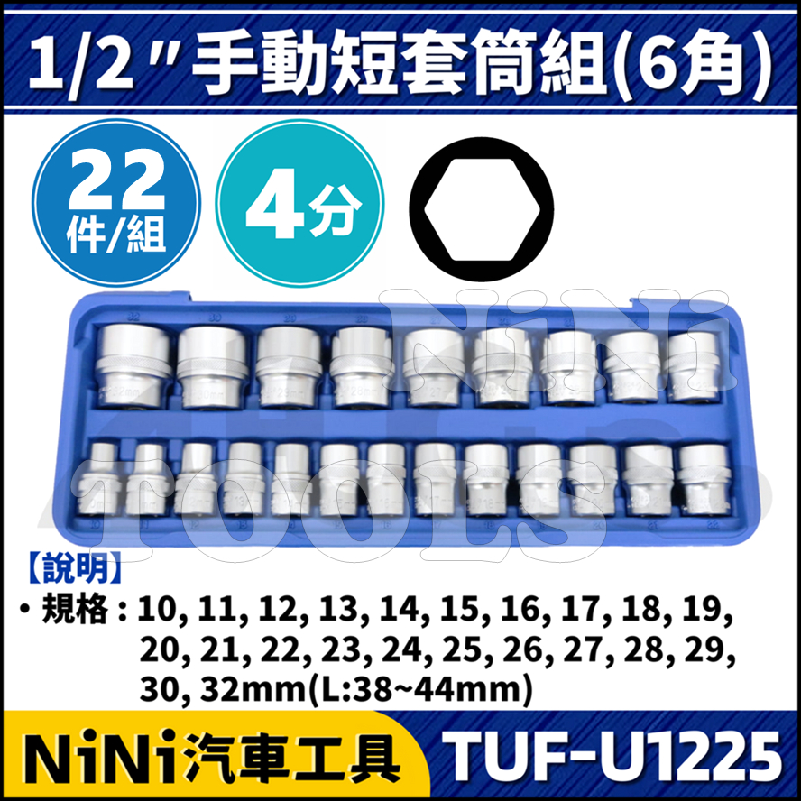 【NiNi汽車工具】TUF-U1225 22件 4分 手動短套筒組(6角) | 1/2" 四分 短套筒 套筒
