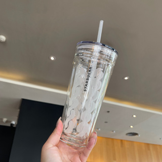 Starbucks官方正品！星巴克杯子591ml雙層隔熱透明波浪紋玻璃吸管杯咖啡杯大容量果汁珍奶茶奶昔茶杯
