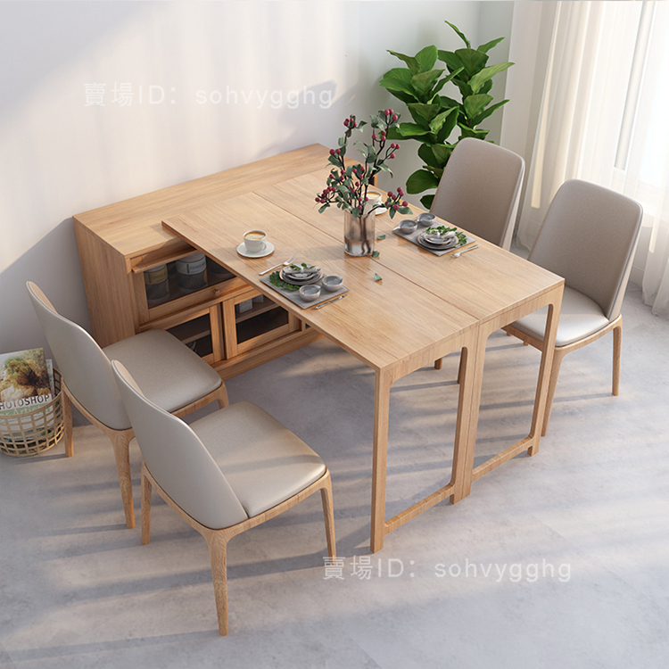 日式實木可摺疊餐桌子餐邊櫃一體家用小戶型多功能伸縮北歐吧台櫃G1