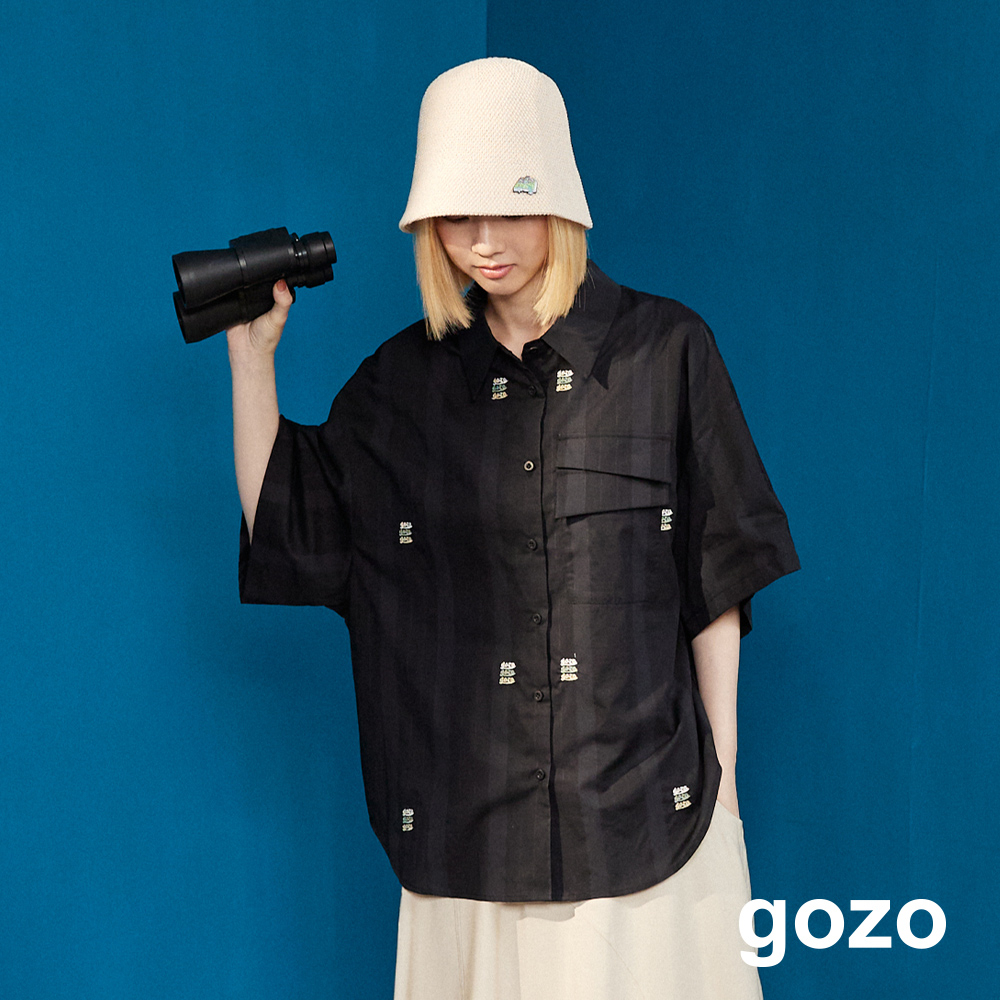 【gozo】gozo三次方繡花擴型男友襯衫(黑色/白色_F) | 純棉 修身 百搭