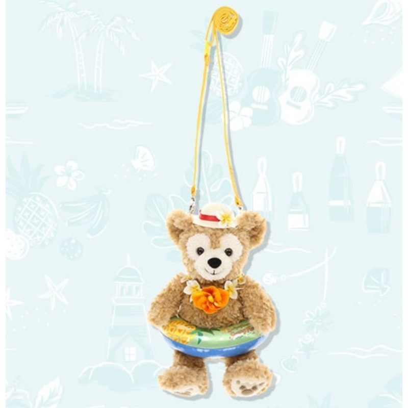 全新 日本迪士尼樂園 2021年 達菲游泳圈玩偶包 duffy夏日海灘票卡包 達菲熊絨毛娃娃掛包 達菲熊草帽花環絨毛包