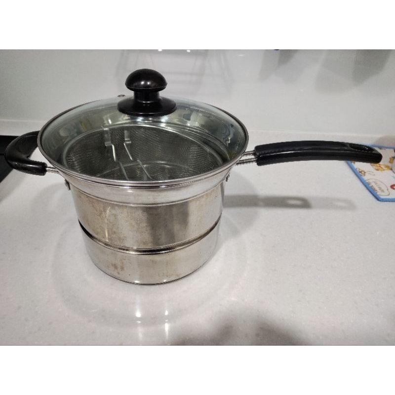 [二手] 不鏽鋼湯鍋 麵鍋 油炸鍋 三件組 可收折隔漏勺 玻璃上蓋 勺子 可油炸 可煮湯