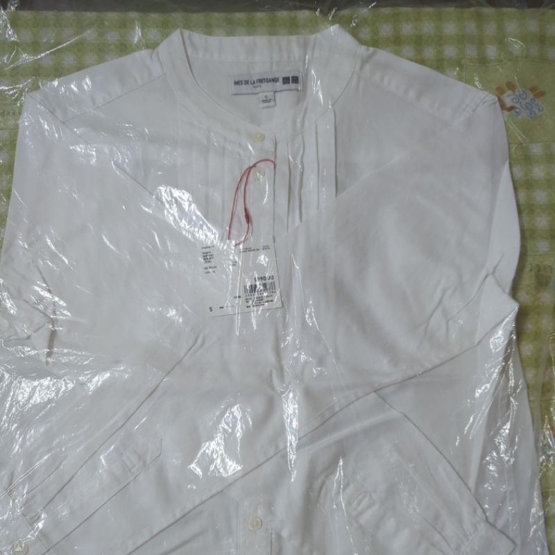 【全新】Uniqlo 棉質斜紋細摺襯衫（長袖）S/White/ INES DE LA FRESSANGE