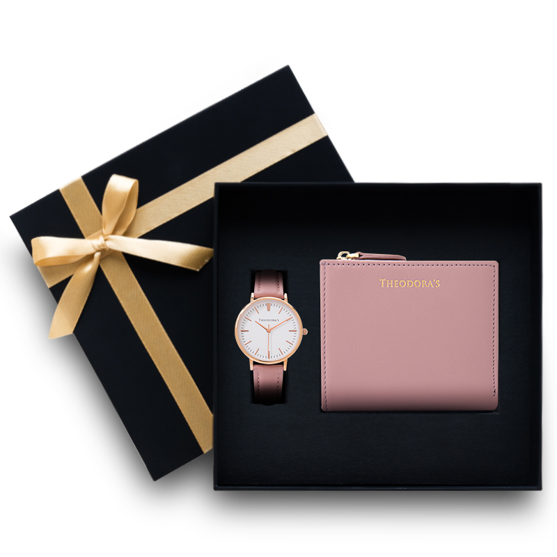 【THEODORA'S】手錶皮夾禮盒-Hera[小錶面] 女款短夾珊瑚粉【希奧朵拉】