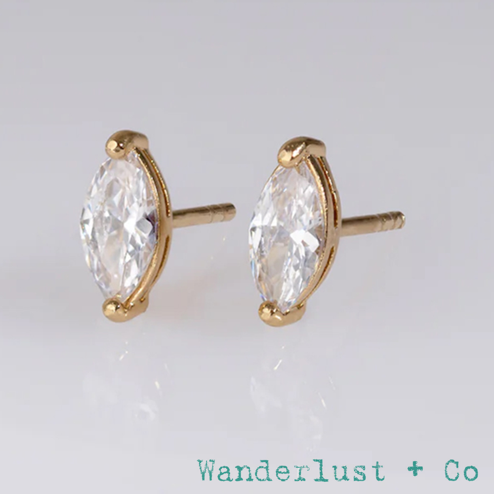 Wanderlust+Co 澳洲品牌 欖尖切割侯爵夫人鑽耳環 5A頂級鋯石單鑽耳環 Marquise