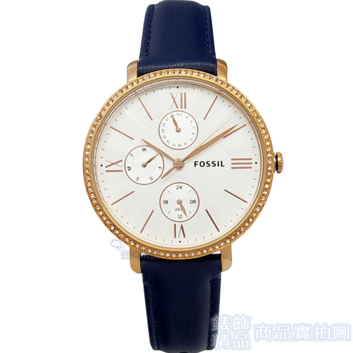 FOSSIL ES5096手錶 閃耀 玫瑰金 大表面 星期/日期/24小時顯示 深藍色皮帶 女錶【澄緻精品】