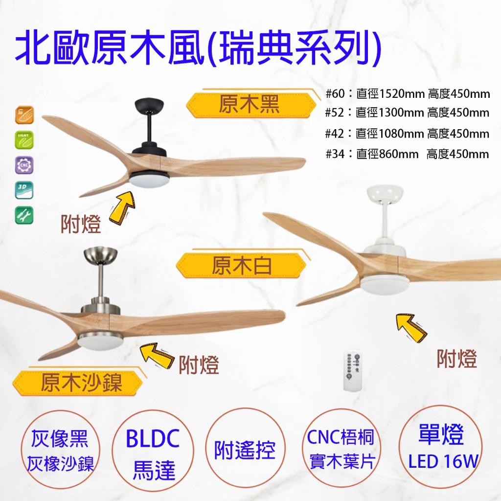 台灣製 吊扇  60吋 52吋 42吋 32吋 北歐實木 工業造型 吊扇燈 DC吊扇 直流變頻 LED 16W 附遙控