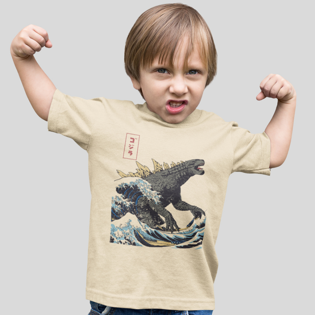 Godzilla Hokusai Monster 授權兒童短袖T恤 卡其色 怪獸哥吉拉服飾日本童裝嬰幼兒親子裝