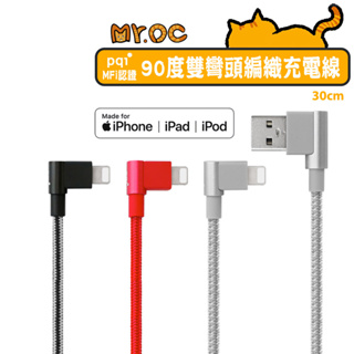 【PQI】MFi認證 90度雙彎頭 USB-A to 蘋果 充電線 30cm