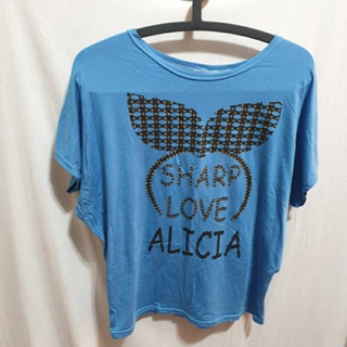 姜小舖歐美風💙英文字SHARP LOVE ALICIA蝴蝶結圖案深藍色棉質圓領短袖寬鬆上衣L號 美式風格 加大T恤