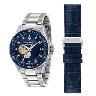 【Maserati 瑪莎拉蒂】Sfida 紳士藍雙錶帶自動機械腕錶套組 R8823140007 44mm 現代鐘錶