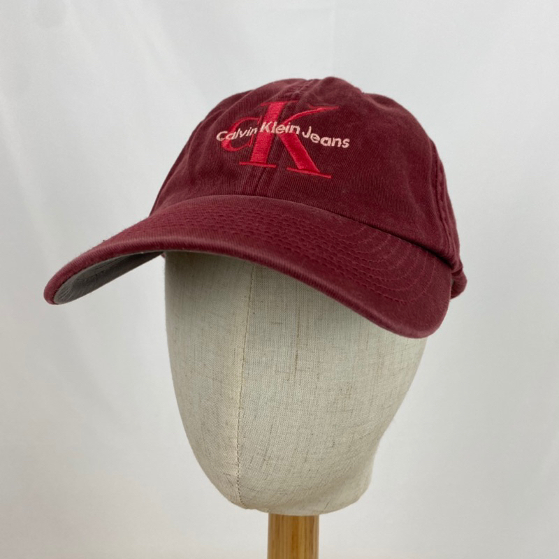 古著 老品 Calvin Klein CK 稀有 前後Logo刺繡 酒紅色 斜紋布 雙色帽簷 棒球帽 老帽