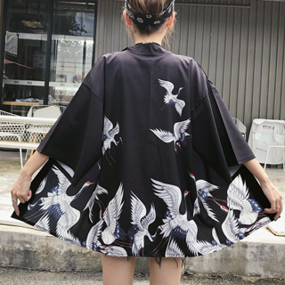 臺灣現貨⚪仙鶴日式羽織 黑白飛鶴 日本和風外套 浴衣和服 表演外套 祭典外掛 羽織 浴衣 和服外套 和服 校慶萬聖節