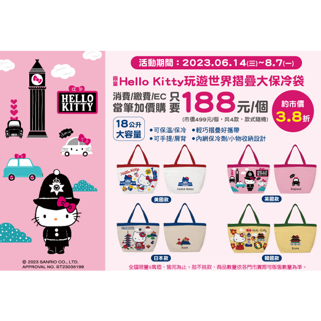 7-11Hello Kitty玩遊世界18L摺疊大保冷袋 美國 英國 日本 韓國 防水保溫保冷便當袋