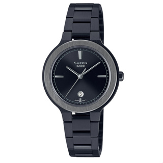 【CASIO 】SHEEN光彩迷人 幾何折射錶面藍寶石水晶玻璃腕錶-全黑(SHE-4559BD-1A)正版公司貨