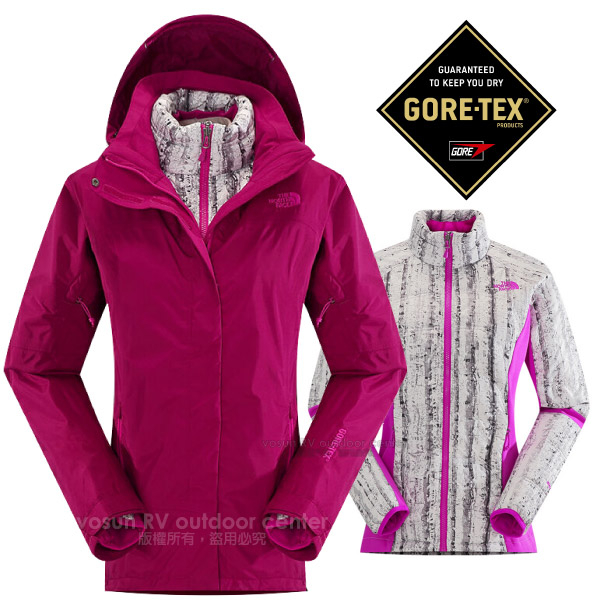 【美國 The North Face】女款 Gore-Tex兩件式外套(可拆式羽絨內件)防水透氣保暖夾克_紫紅_CUF1