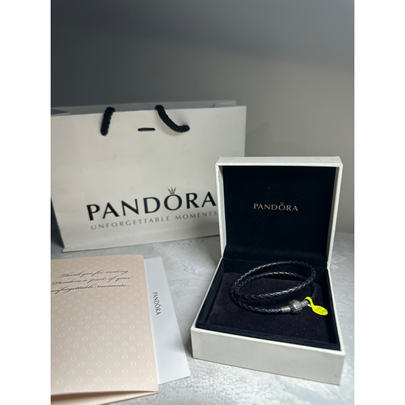 ［全新］pandora silver leather bracelet潘朵拉黑色皮革雙圈手鏈手環 含首飾盒與紙袋