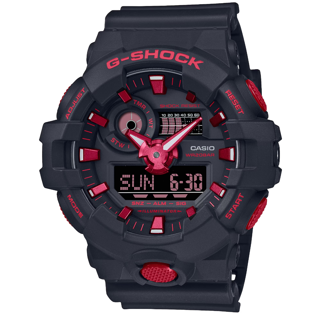 【CASIO】卡西歐G-SHOCK 鬧鈴電子錶-黑 X 紅 GA-700BNR-1A 台灣卡西歐保固一年