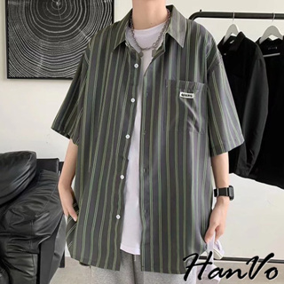 【HanVo】男款日系條紋短袖薄款襯衫 舒適透氣親膚潮流短袖上衣 夏季薄款T恤 男生衣著 B1007