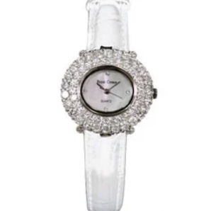 073-時尚圓形雙圈鑲鑽腕錶(白)/閃耀光芒白色錶帶灑脫迷人/Royal Crown 腕錶/鑲鑽腕錶