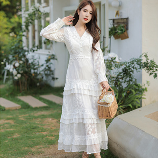 雅麗安娜 洋裝 連身裙 A字裙 S-XL白色蕾絲鏤空連身裙沙灘裙波西米亞溫柔風長裙N103B-1323.