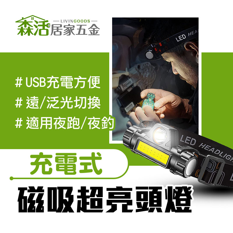 鋅合金充電式磁吸頭燈 M-7116 頭戴式探照燈 USB充電式 LED頭燈 夜跑 夜釣 夜間施工 【森活居家五金】