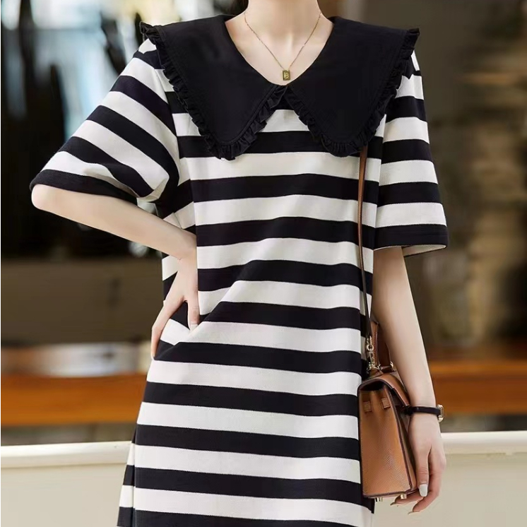 衣時尚 條紋連身裙 休閒裙 洋裝 S-XL新款夏季高級感別緻針織顯瘦黑白色連衣裙非D15-5717  ES22