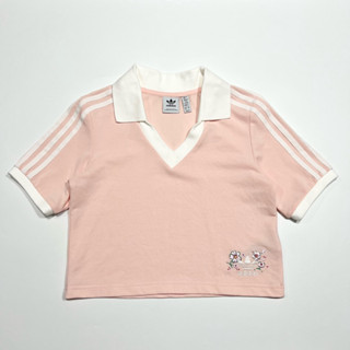 <二手女裝> Adidas Originals Crop Polo V領 短版 Polo衫 女款 粉白 IP3757