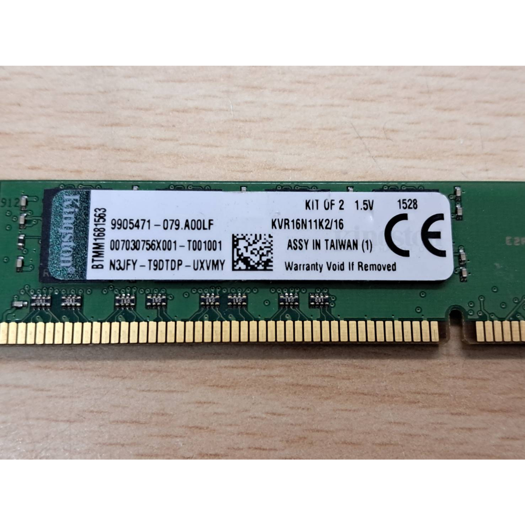 二手 金士頓 Kingston DDR3-8GB  KVR16N11K2/16 桌機終保雙面記憶體(窄版)*2隻