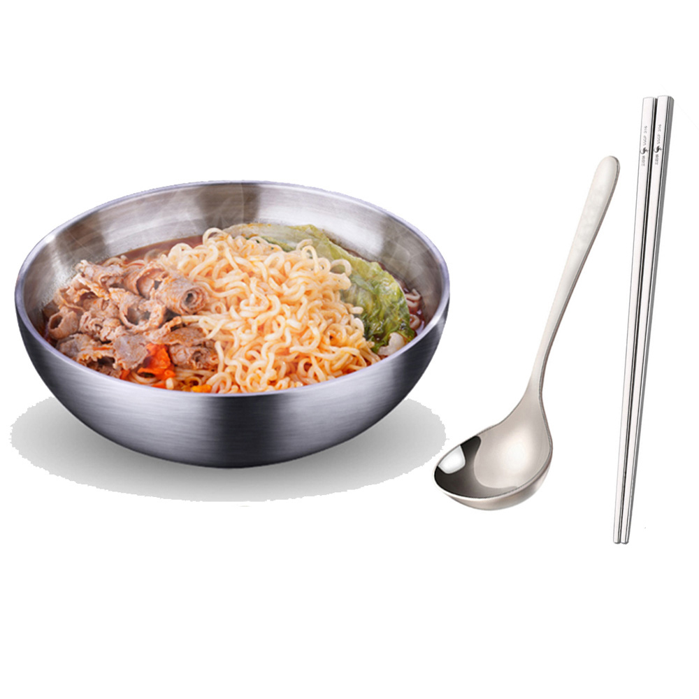 PUSH!餐具304不銹鋼碗加厚雙層隔熱湯碗沙拉碗泡麵碗筷勺組合小號E164-1