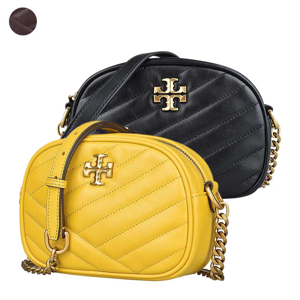 TORY BURCH KIRA CHEVRON 金色雙T LOGO絎縫設計羊皮拉鍊斜背相機包(兩色)