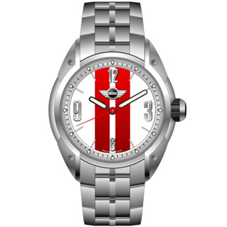MINI SWISS WATCHES 石英錶 45mm 白底紅條錶面 不銹鋼錶帶-銀色