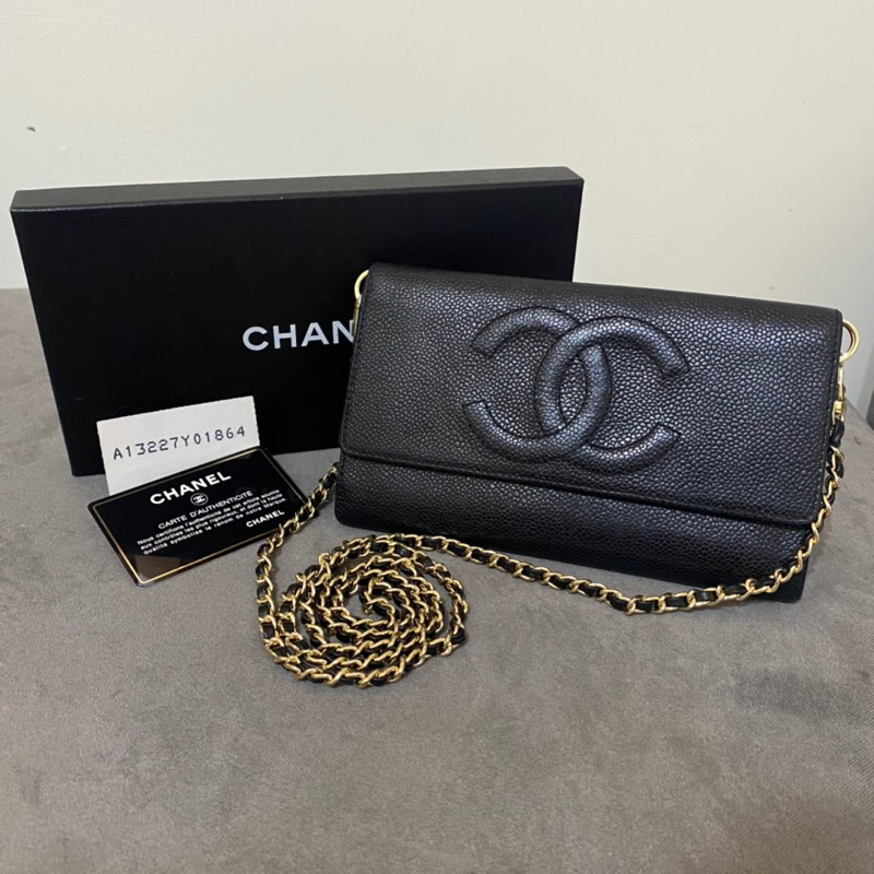 極新Chanel vintage 黑魚子醬牛皮信封式長夾woc鍊條包 手拿包