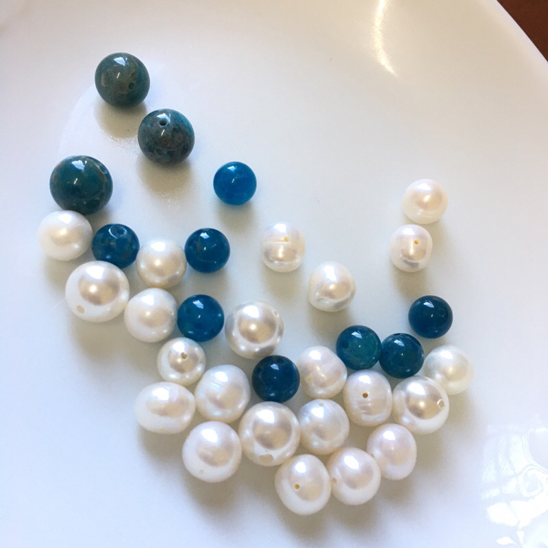 天然水晶 藍磷灰 藍磷輝 藍磷灰石 藍磷輝石 + 珍珠 白珠 串珠 吊飾  掛飾 裝飾 手鍊 手珠 配件 配飾 手作材料