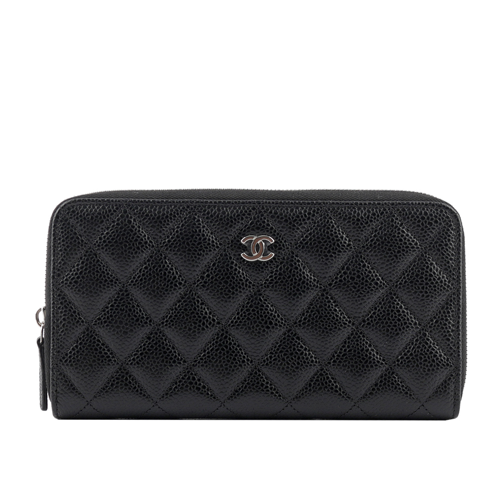 CHANEL 銀色CC LOGO粒紋小牛皮拉鍊ㄇ型長夾(黑色) AP0242 Y01588 C3906